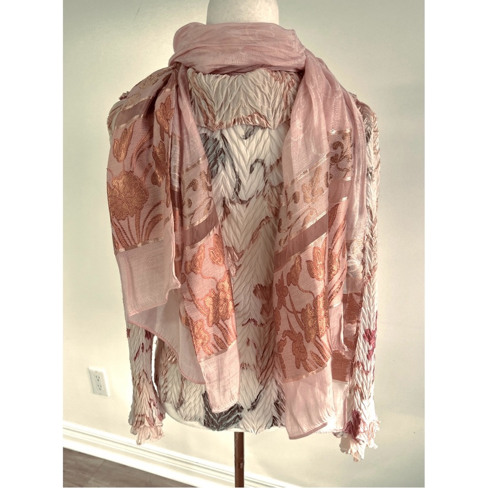 🆕 Fine woven scarf: long, soft in pink, copper & gold w/arabesques & flowers - Picture 14 of 16